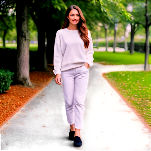 create a girl standing in a park holding a glass of coffee, dressed in a white sweater and white pants, with black loafers on her feet and a white bag, with her long hair loose - icon | sticker