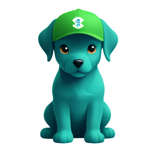 Happy blue and green dog with a cap with the inscription "————-" - icon | sticker