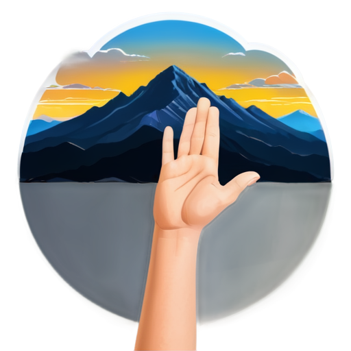 A hand reaches out towards the distant mountains and clouds at sunrise, - icon | sticker