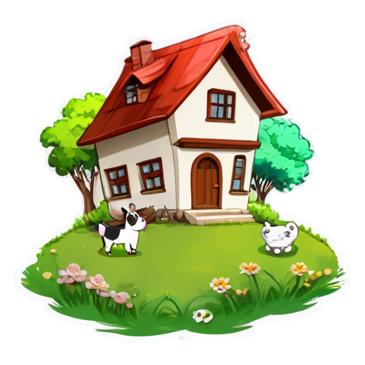 There is a house on the grass and there are animals around. - icon | sticker