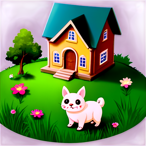 There is a house on the grass and there are animals around. - icon | sticker