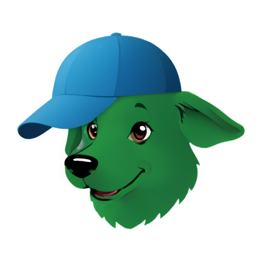 Happy blue and green dog with a cap with the inscription "————-" - icon | sticker