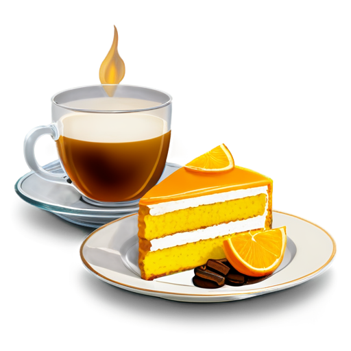 cake on a plate and coffee in a glass next to the plate in yellow-orange colors - icon | sticker