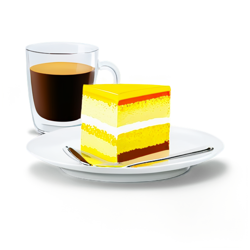 cake on a plate and coffee in a glass next to the plate in yellow-orange colors - icon | sticker