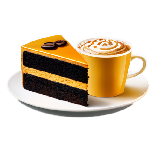 coffee to go and cake on a plate in yellow-orange colors - icon | sticker