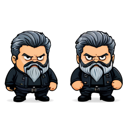 fat bearded man with BLACK darkhair and gray almost white beard and moustache, dressed in black tactic wear, with nothing in his hands, and wearing black boots, big open eyes and angry exression - icon | sticker