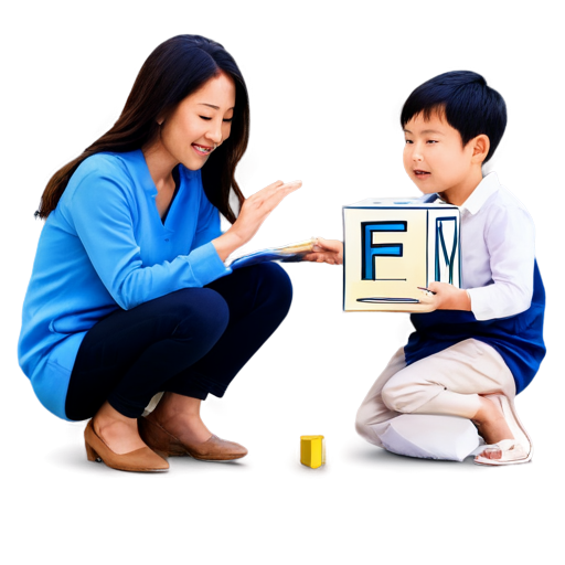 Create a cartoon image, in the style of a children's book illustration, in which two Adults who is the child's parents and a child in a blue jumpsuit is sitting reaching for folded cubes on which the letters " F, A, M, I，L,Y" are painted. The child should be depicted from behind, showing a playful and innocent look. - icon | sticker