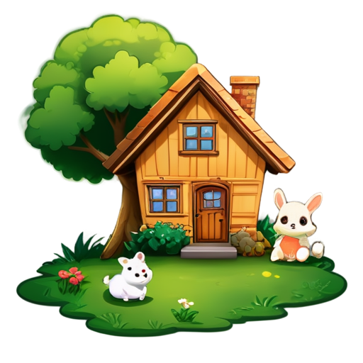 There is a house on the grass and there are animals around. - icon | sticker