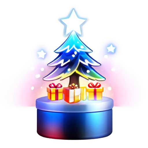 New Year tree decorated with balls and garlands. gifts under the tree. fireworks in the sky - icon | sticker