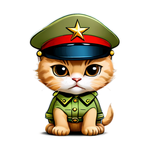 Angry kitten with brown eyes hands on hips in army generals uniform and hat with generals star cartoon - icon | sticker