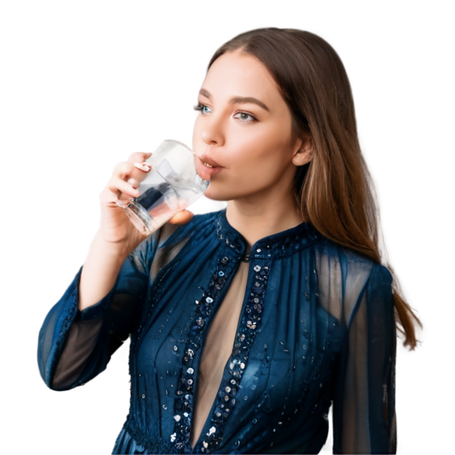 beautiful woman in expensive dress drinks water from glass - waist-up photo - icon | sticker