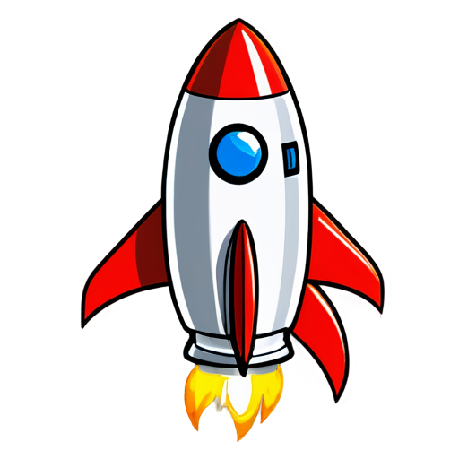 a small space rocket with a bright red body and orange wings and one large round porthole , pixel style - icon | sticker