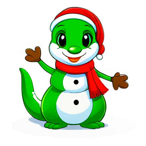 A cute green snake play with the snowman - icon | sticker