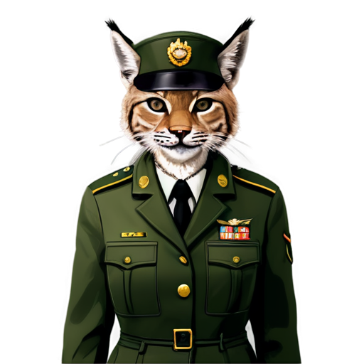 Cartoon female lynx in army uniform with hat and generals star - icon | sticker