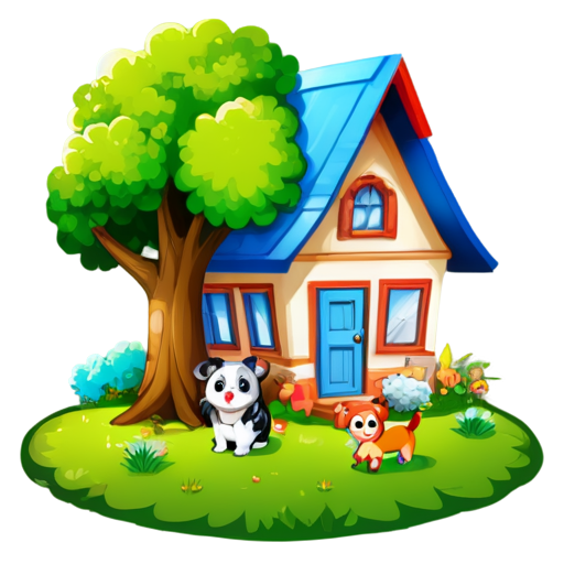 There is a house on the grass and there are animals around. - icon | sticker