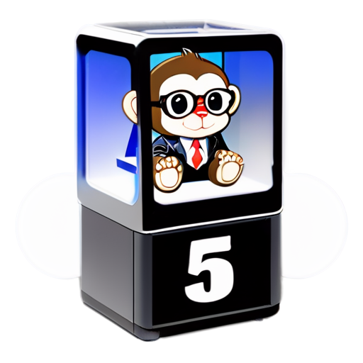 Draw a picture with five monkeys in suits and glasses and the number 5 written on top and a lottery machine drawn - icon | sticker