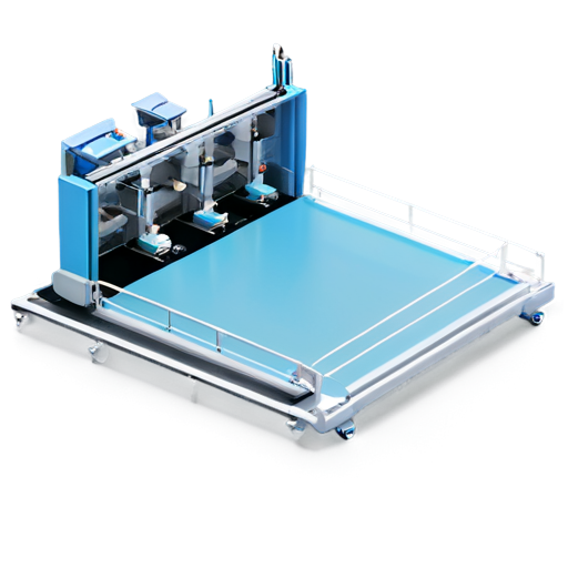 The image shows a modern 3D industrial platform with an automated assembly line. Robotic arms work along a conveyor belt, handling and assembling components. A large central machine with an enclosure seems to perform quality checks. Small robotic carts with mechanical arms transport parts around. The color scheme is sleek, with light blue, white, and gray tones, giving it a clean, high-tech feel. - icon | sticker