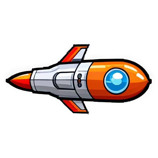 a small space rocket with a red body and orange wings and one large round porthole , 8 bit style - icon | sticker