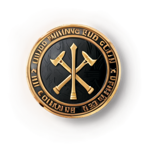 Gold mining club logo design, featuring a crossed shovel and pickaxe inside a gold coin with subtle blockchain patterns in the background, modern and clean design, futuristic vibe, gold and black color scheme, minimalist style, high detail, professional look - icon | sticker