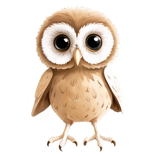 A small owl with large round eyes, a small beak, and tiny wings. Use soft, earthy tones like light browns and grays. - icon | sticker