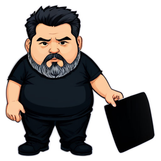 fat bearded man with black hair and gray beard, dressed in black tactic wear - icon | sticker