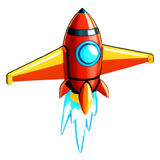 a small space rocket with a red body and orange wings and one large round porthole , 8 bit style - icon | sticker