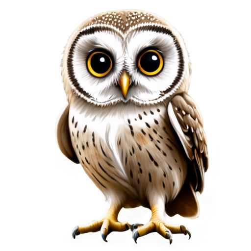 A small owl with large round eyes, a small beak, and tiny wings. Use soft, earthy tones like light browns and grays. - icon | sticker