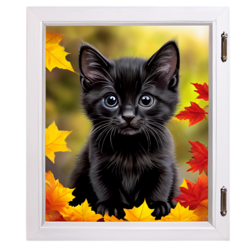 Black kitten in window autumn - icon | sticker