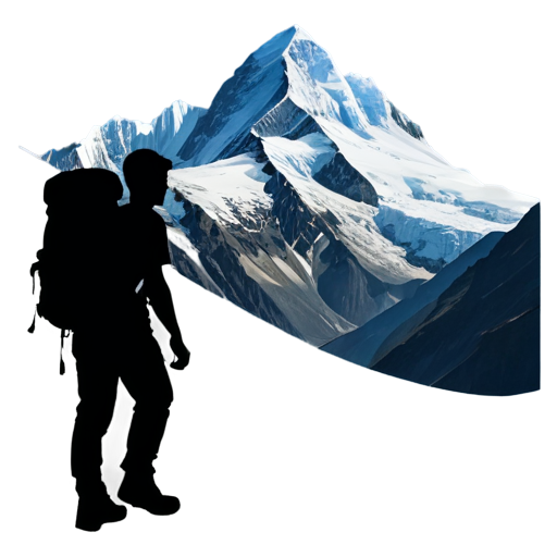 great mountain peaks with glaciers in background, silhouette of man with backpack hikes up to the mountain top along mountain shape in foreground - icon | sticker