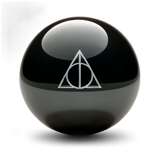 ransparent glass orb containing a black, angular stone resembling the Resurrection Stone from the Harry Potter series. The stone has triangular, rune-like symbols etched into it and appears dark with a faint mystical glow. The orb is neutral, drawing attention to the intricate design of the stone and its aura - icon | sticker