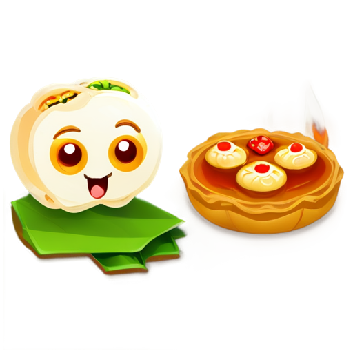 create a dim sum icon with emoticons and make it look like the dim sum is covered in fire and smoking - icon | sticker