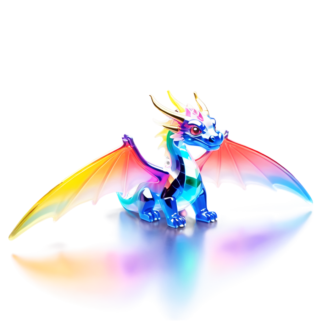 a majestic dragon soaring over a mountainous landscape, its wings made of transparent, glass-like material that refracts sunlight into a dazzling array of rainbow colors. The dragon’s shimmering scales reflect the golden light of the setting sun, while its enormous glass wings throw vibrant, multicolored shadows on the mountains below - icon | sticker