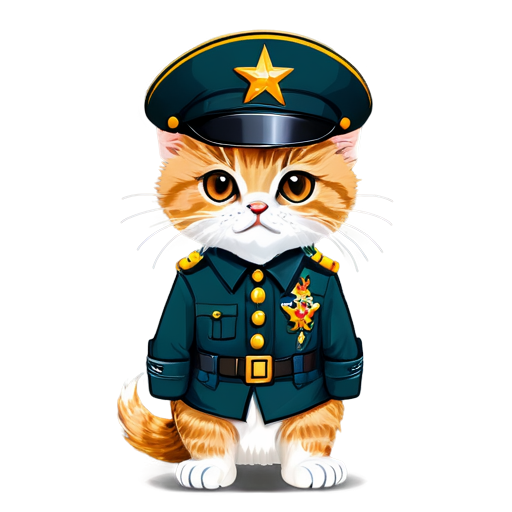 Angry kitten with brown eyes hands on hips in army generals uniform and hat with generals star cartoon - icon | sticker