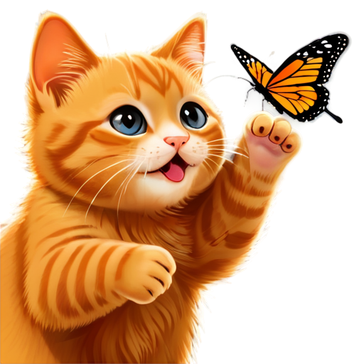 cute, happy, orange cat, catching a butterfly - icon | sticker