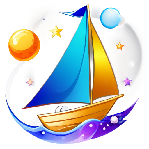 Design a logo of a sailboat in the universe. The background of the logo is full of planets and elements, and the sailboat should be in the middle. The colors of the logo are blue, gold and purple. - icon | sticker