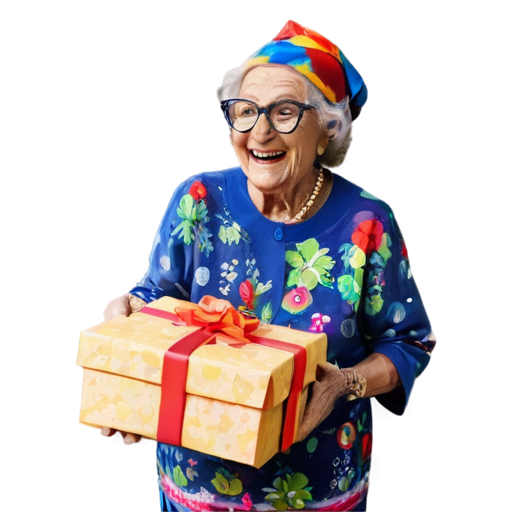 Elderly woman in bright colorful cheerful fashionable clothes and glasses and birthday cap holding gifts in hands and laughing - icon | sticker