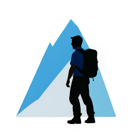 great mountain far peaks shapes in background, himalayan , glacier walley, minimalism, man with backpack hikes up to the mountain top along mountain shape - icon | sticker