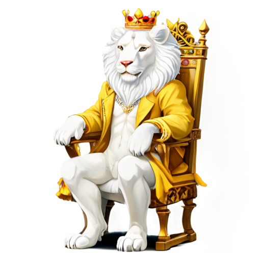 A white lion with a crown on his head and the body of a man sits on a golden throne and is dressed in yellow silk clothes - icon | sticker