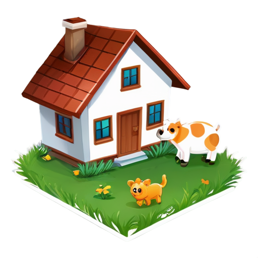 There is a house on the grass and there are animals around. - icon | sticker