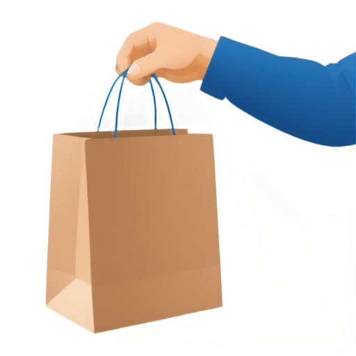 a man's hand holds a paper bag by the handles, in blue colors on a white background - icon | sticker