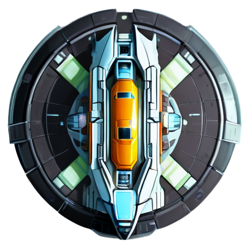 image of a spaceship for a game in the style of the Space Rangers game series, top view, position of the ship's bow from above, partially cartoon style - icon | sticker