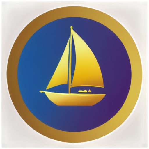 Design a logo of a sailboat in the universe. The background of the logo is full of planets and elements, and the sailboat should be in the middle. The colors of the logo are blue, gold and purple. - icon | sticker