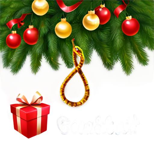 in the background is a New Year tree with gifts. in the foreground is a golden snake in the shape of a heart. the inscription "Health, love, prosperity" - icon | sticker