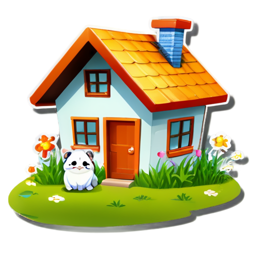 There is a house on the grass and there are animals around. - icon | sticker