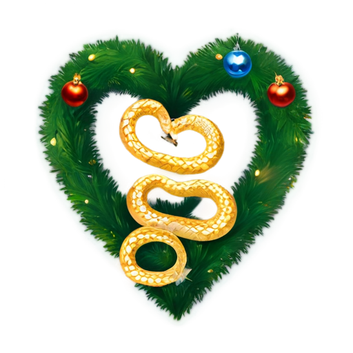 against the background of a New Year tree with gifts, a beautiful golden snake in the shape of a heart. the inscription "2025" - icon | sticker