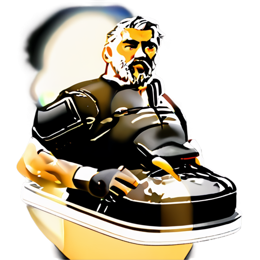 fat bearded man with BLACK hair and GRAY beard, dressed in black tactic wear, with nothing in his hands, AND BLACK SNEACKERS IN HIS FOOTS - icon | sticker