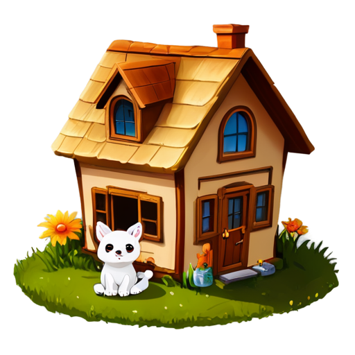 There is a house on the grass and there are animals around. - icon | sticker