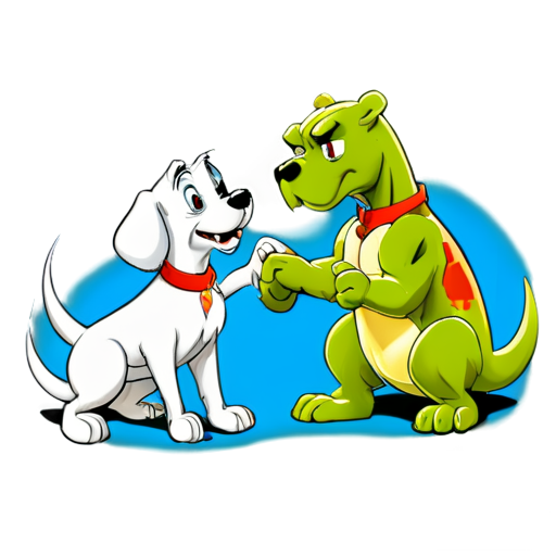 Poster of a fight between a dog named Lady from the 1955 cartoon Lady and the Tramp against Leonardo from the 1990 Teenage Mutant Ninja Turtles. Add the inscription "Battle of cartoons this Sunday" - icon | sticker