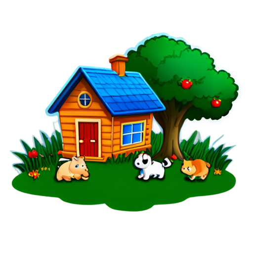 There is a house on the grass and there are animals around. - icon | sticker