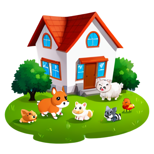 There is a house on the grass and there are animals around. - icon | sticker